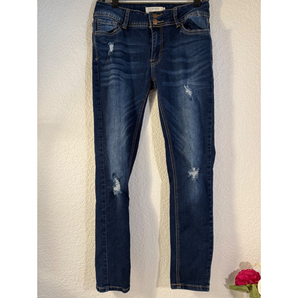 Encore Jeans Skinny Distressed Dark Wash Double Button Denim 9265R Size 9